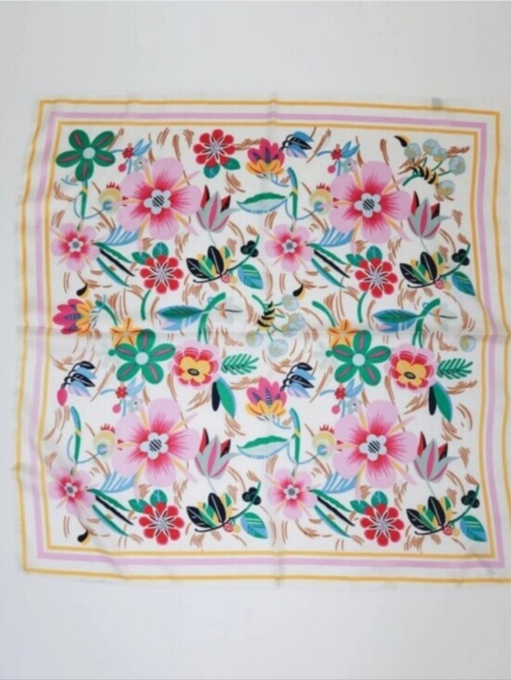 Silk-feel Floral Satin Neck Scarf in Cream and Multicolor